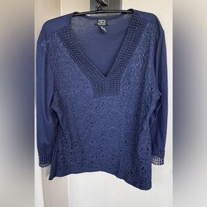 Shannon Ford New York Women Blue Blouse Top V-Neck Lace Front Pom-Pom Trim XL
